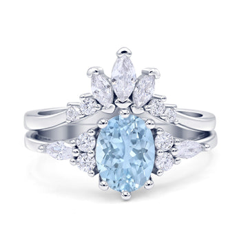Two Piece Oval Vintage Style Bridal Engagement Ring Simulated Aquamarine 925 Sterling Silver Wholesale